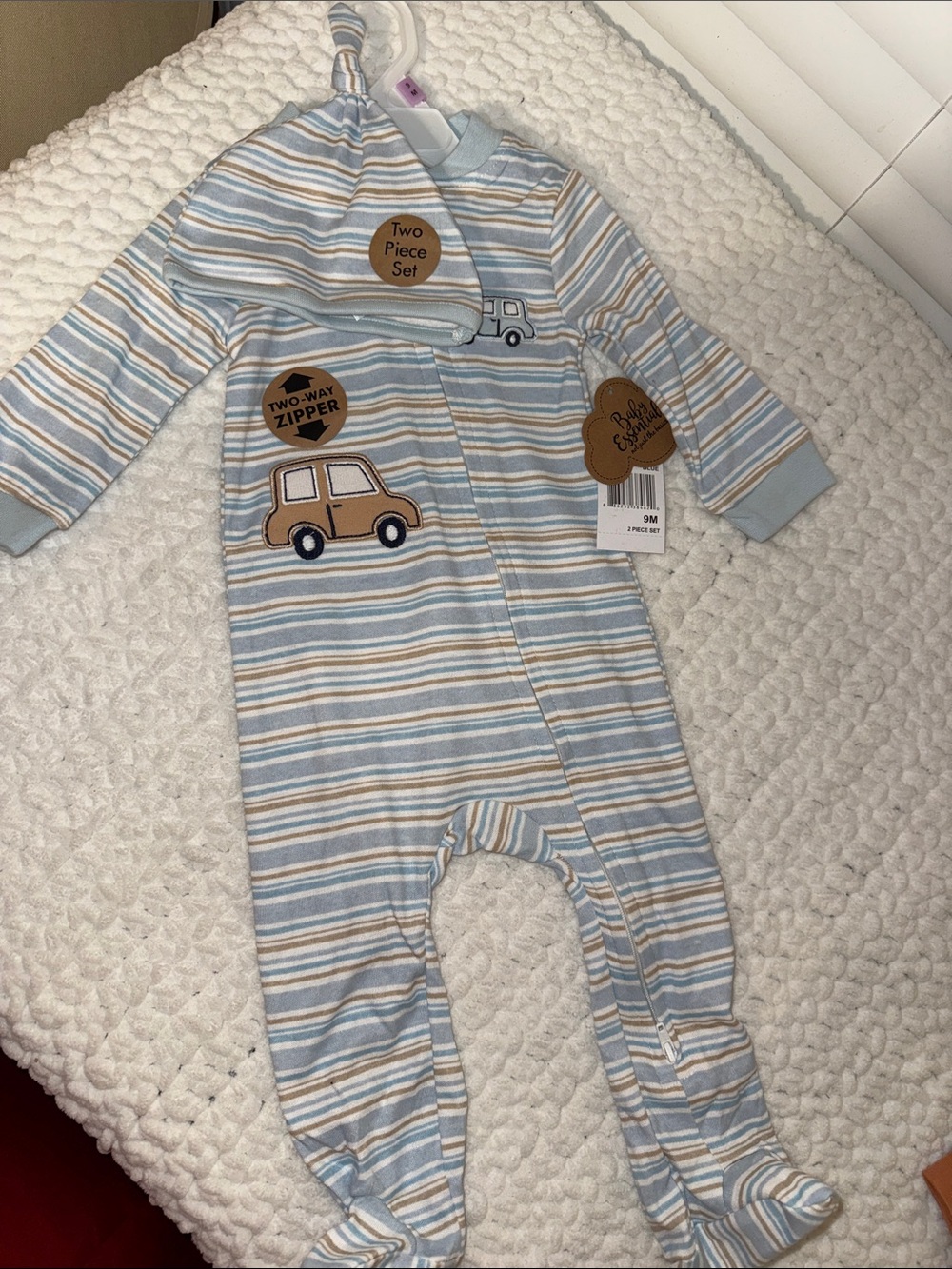 Baby Essentials Blue and Cream Striped Footie One-Piece with Car Applique